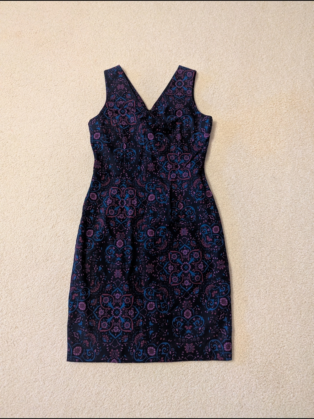 Banana Republic Black Midi Dress with Purple & Teal Medallion Print